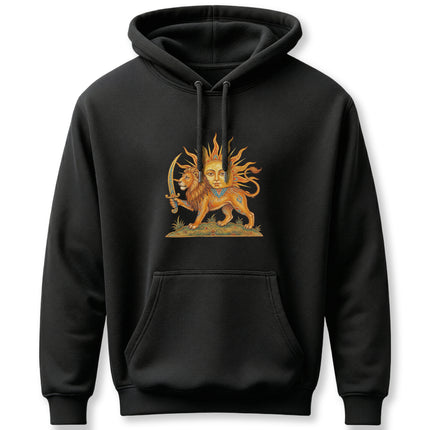 Lion and Sun Persian symbol graphic on a black hoodie. Iranian heritage apparel.