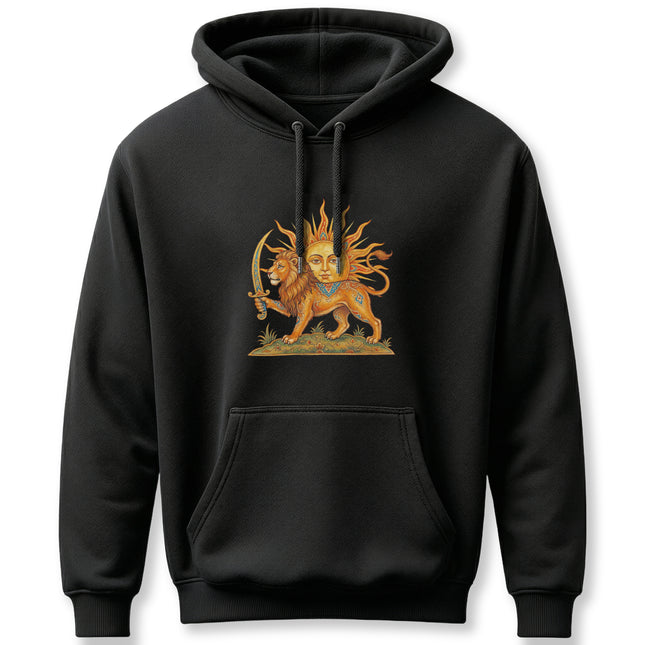 Lion and Sun Persian symbol graphic on a black hoodie. Iranian heritage apparel.