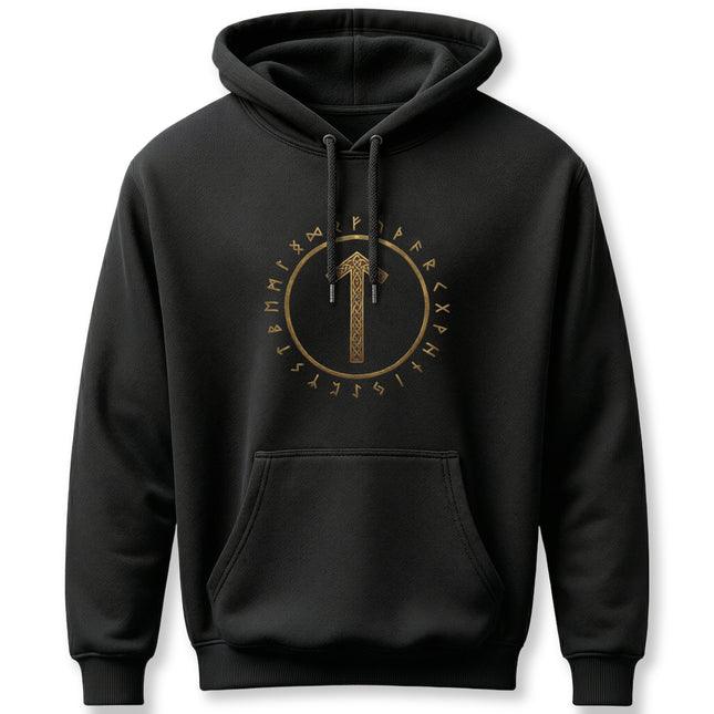 Black Norse hoodie featuring the Tiwaz rune within a circle of Elder Futhark runes.