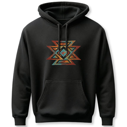Southwestern geometric butterfly symbol print in vibrant tribal colors.