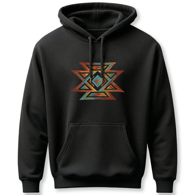 Southwestern geometric butterfly symbol print in vibrant tribal colors.
