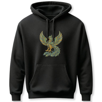 Gold and teal Homa Bird graphic on a black hoodie, symbolizing Persian mythology and culture.