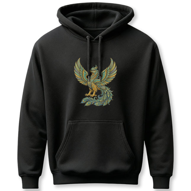 Gold and teal Homa Bird graphic on a black hoodie, symbolizing Persian mythology and culture.