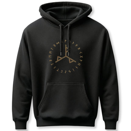 Black Norse rune hoodie featuring Futhark runes and a central Viking symbolic design.