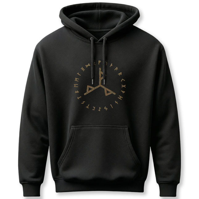 Black Norse rune hoodie featuring Futhark runes and a central Viking symbolic design.