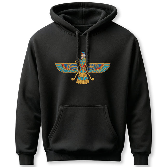 Faravahar symbol graphic, an ancient Persian Zoroastrian winged deity design.