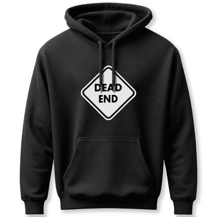 Black pullover hoodie featuring a white dead end road warning sign graphic. Casual streetwear apparel.