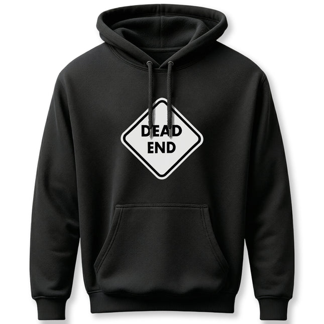 Black pullover hoodie featuring a white dead end road warning sign graphic. Casual streetwear apparel.