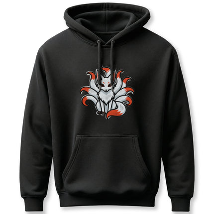 Mystical Kitsune nine-tailed fox graphic on a black pullover hoodie, Japanese mythology art.
