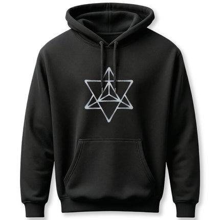 Black hoodie featuring a white sacred geometry Merkaba star design.
