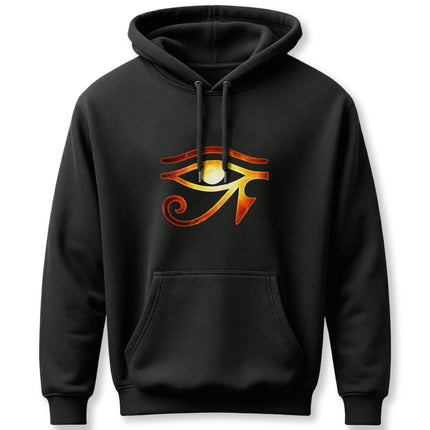 Eye of Ra ancient Egyptian sun god graphic on black pullover hoodie.