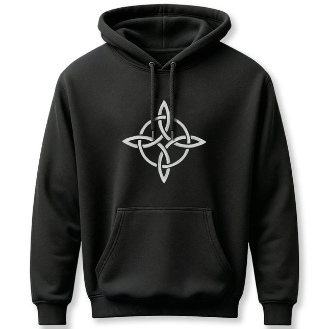 Black hoodie featuring a white Celtic knot protection symbol design.