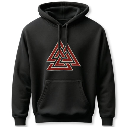 Black hoodie featuring a red Valknut symbol, a powerful Norse mythology Viking design.