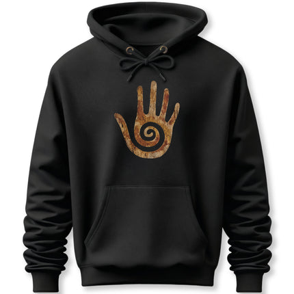 Hopi hand symbol with spiral design, representing healing and protection.