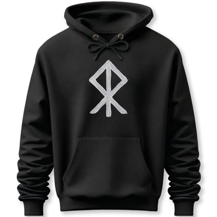 Black hoodie featuring the white Algiz Rune, a protective Norse Viking symbol.