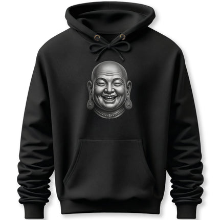 Laughing Buddha Hotei Zen art on a black unisex pullover hoodie.