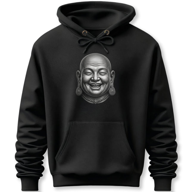 Laughing Buddha Hotei Zen art on a black unisex pullover hoodie.