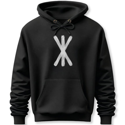 Black hoodie featuring a white brush stroke Viking rune symbol representing strength and Norse mythology.