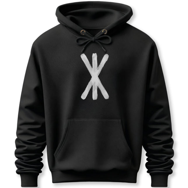 Black hoodie featuring a white brush stroke Viking rune symbol representing strength and Norse mythology.