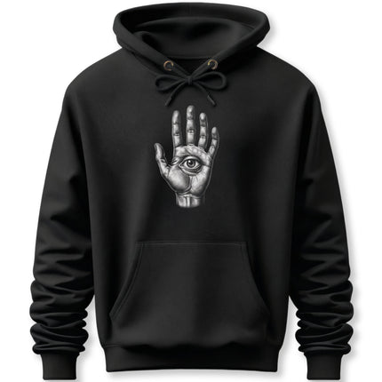 All seeing eye graphic in an open hand, printed on a black pullover hoodie.