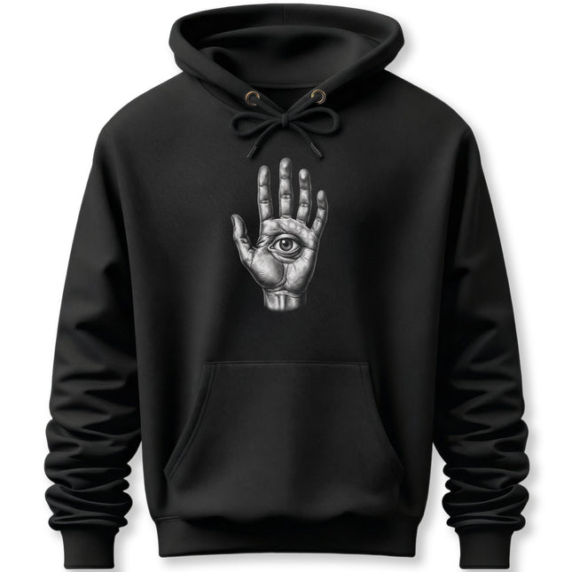 All seeing eye graphic in an open hand, printed on a black pullover hoodie.