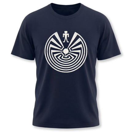 Navy t-shirt featuring the Hopi Man in the Maze I'itoi symbol graphic design.