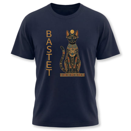 Bastet Egyptian cat goddess design on a navy t-shirt with hieroglyphic text.