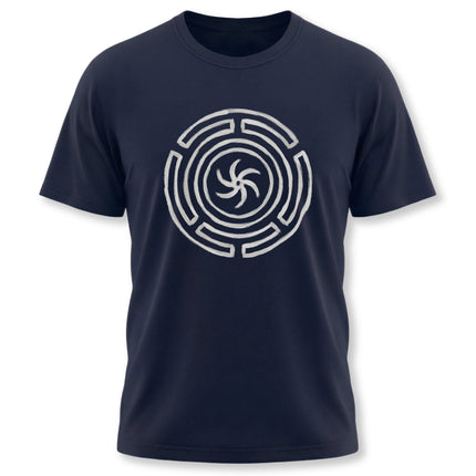 Hekate's Wheel Strophalos symbol on a dark t-shirt. Greek goddess witchcraft and pagan design.