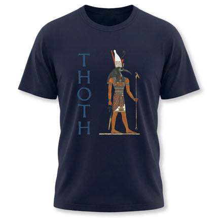 Ibis-headed god Thoth Egyptian mythology graphic on a navy tee.