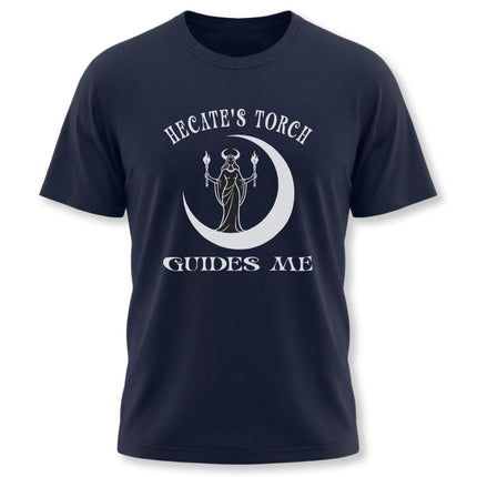 Hecate goddess t-shirt graphic with torch, crescent moon, and "Guides Me" text.