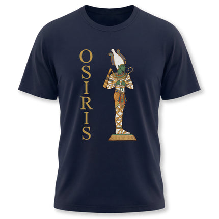 Osiris Egyptian god graphic on a navy t-shirt featuring ancient mythology art.