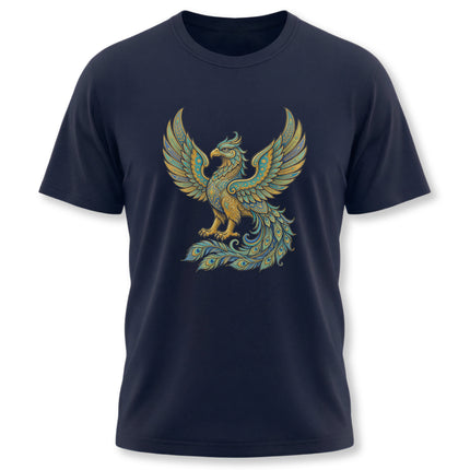 Homa Bird Persian symbol graphic on a dark t-shirt, featuring golden mythological phoenix art.