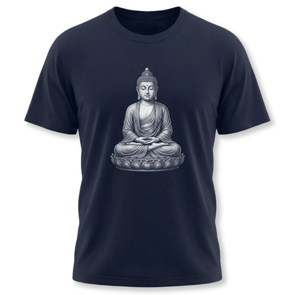 Meditating Buddha on a lotus flower graphic design for a spiritual and zen t-shirt.