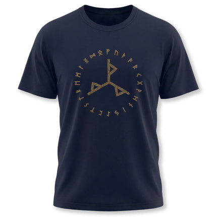 Norse Power Bind Rune t-shirt featuring the Elder Futhark runes and Viking mythology graphic design.