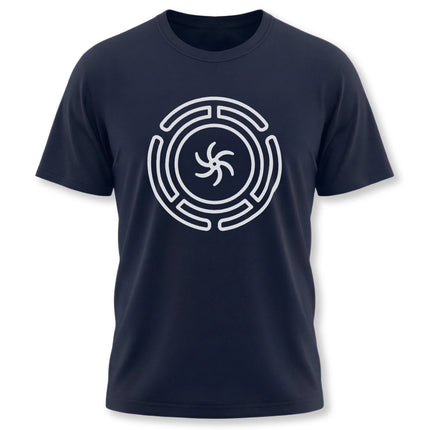Hekate's Wheel symbol graphic tee on a navy t-shirt. Features the Stropholos for witchy or pagan themes.