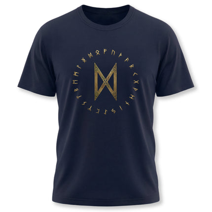 Golden Dagaz rune and Elder Futhark runes on a navy blue Norse Viking t-shirt.