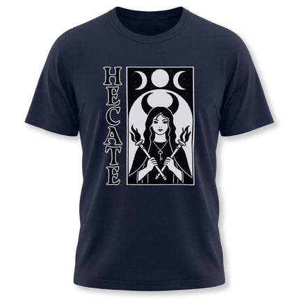 Hecate goddess graphic tee featuring a triple moon symbol and witch torches.