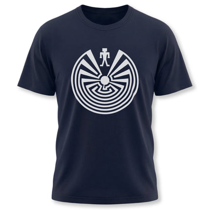 Man in the Maze labyrinth graphic on a navy blue unisex t-shirt featuring sacred geometry art.