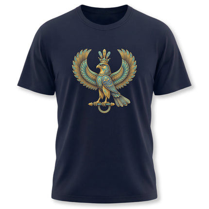 Persian Shabaz mythical eagle graphic on a navy t-shirt, printed in gold and turquoise.