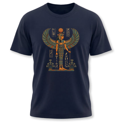 Isis Egyptian goddess graphic tee featuring wings and ancient Egyptian symbolism.