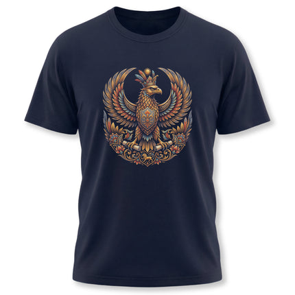 Regal Persian mythology eagle emblem on a t-shirt, featuring intricate mythical art and cultural design.