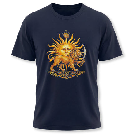 Persian Lion and Sun (Shir-o-Khorshid) emblem graphic on a navy t-shirt.