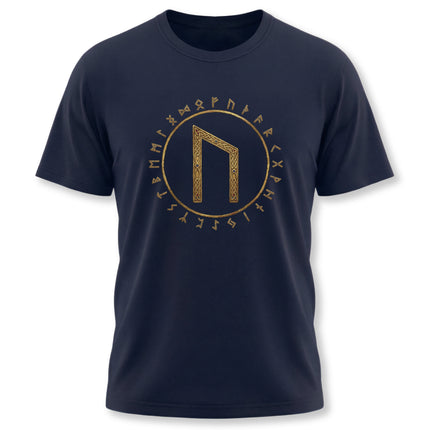 Norse Uruz rune and Elder Futhark alphabet t-shirt design in gold on navy blue.