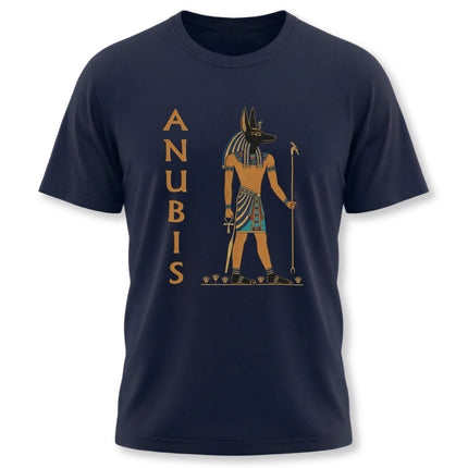 Anubis Egyptian god illustration on a t-shirt, featuring the jackal-headed deity and ancient Egyptian mythology art.