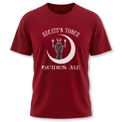 Hecate goddess t-shirt design with a torch, crescent moon, and "Guides Me" text.