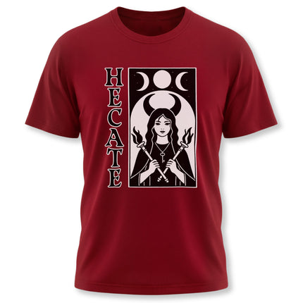 Pagan Hecate goddess t-shirt design with triple moon symbol and torches.