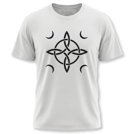 Celtic knot and crescent moon graphic tee featuring pagan witch and lunar goddess symbolism.