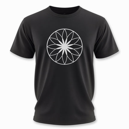Black t-shirt featuring a white sacred geometry lotus mandala design.