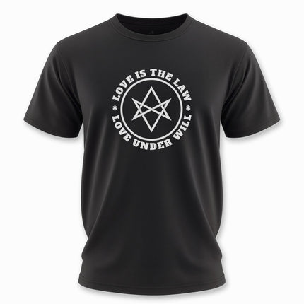 Thelema Love Under Will Text and Graphic T-Shirt | Unicursal Hexagram Tee V4