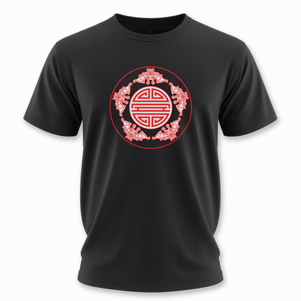 Chinese Five Blessings Bats With Shou Symbol Red White Graphic T-Shirt | V3